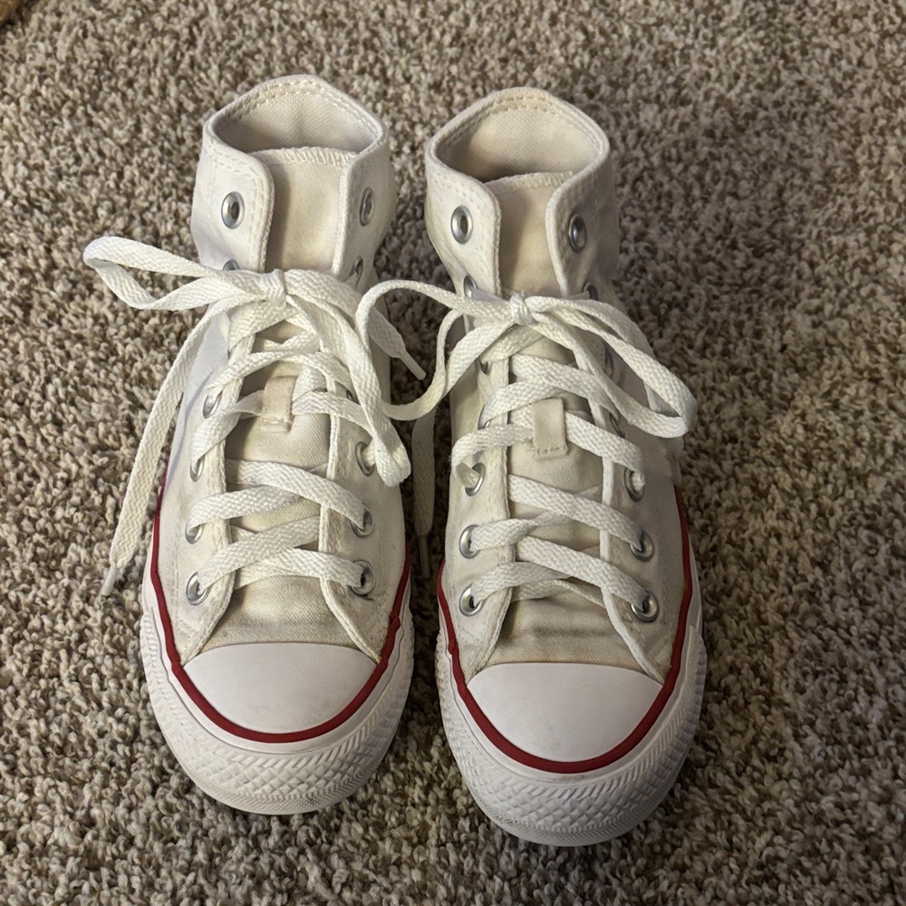 Kids High-Top Canvas Sneakers in White with Red Trim